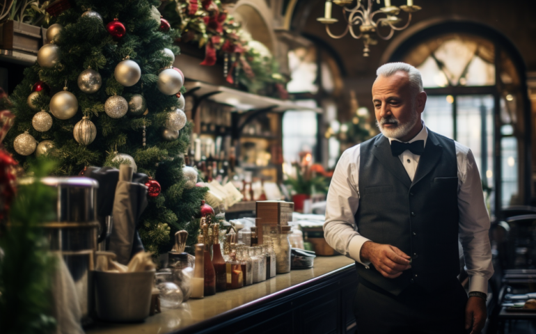 Ristoratore che gestisce un ristorante a Natale